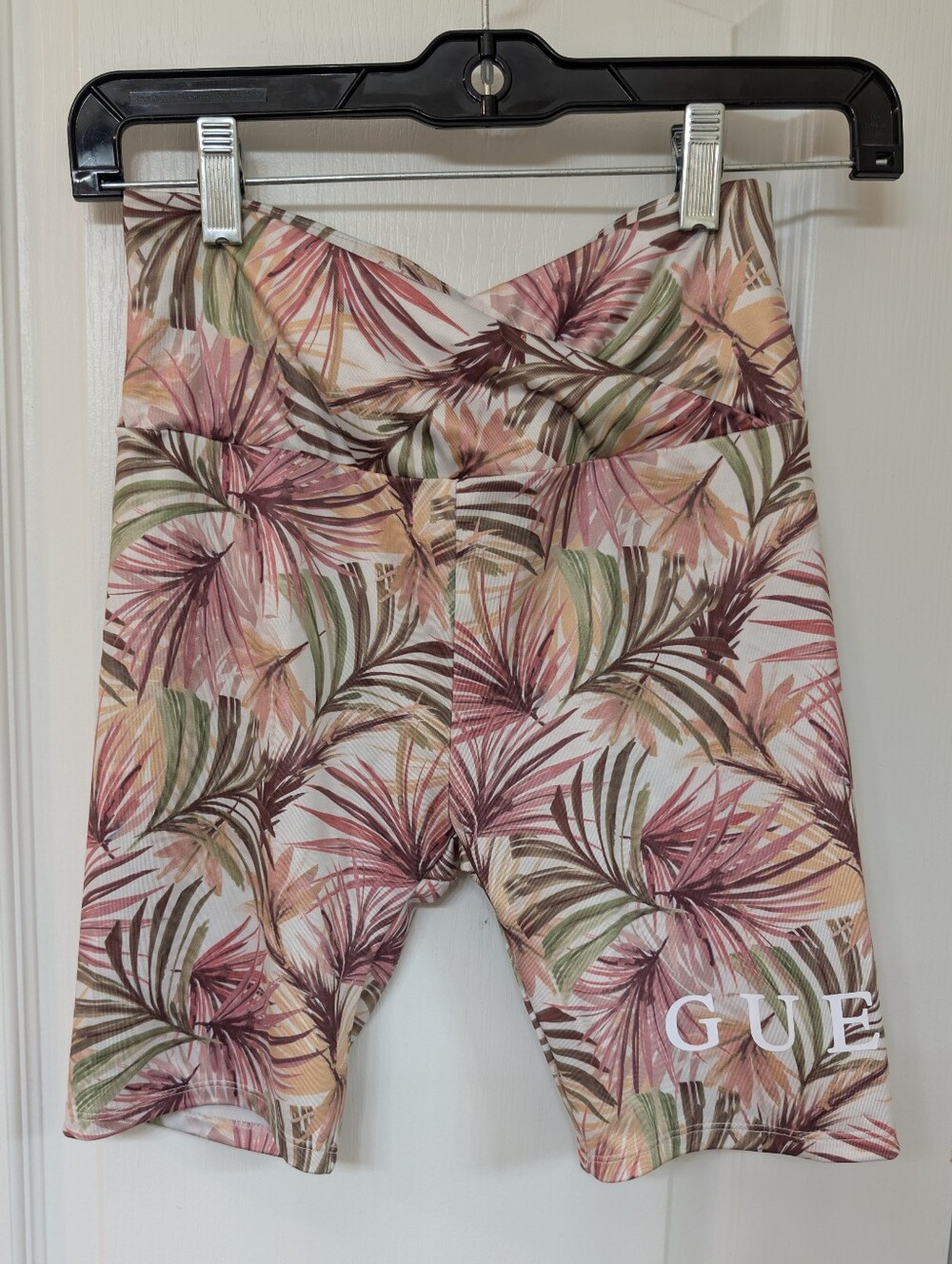 GUESS Tropical Leaf High-Waist Bike Shorts in Pink and Green
